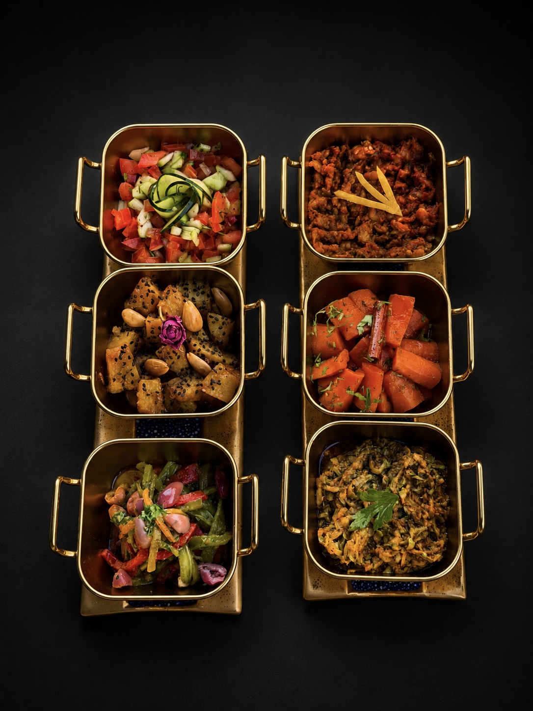 Jardin des Saveurs Marocaines — Seasonal Moroccan salad selection — Nuestros Menús Digitales | Dar Krepchy | Marrakech