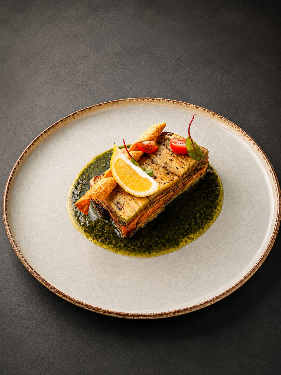 Millefeuille Fumé Signature — Aubergine, smoked salmon and fresh layers — Nuestros Menús Digitales | Dar Krepchy | Marrakech
