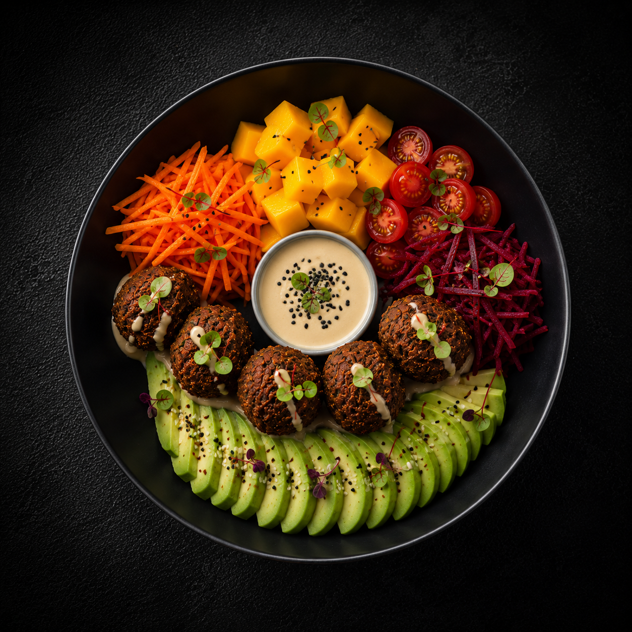 Rainbow Garden Bowl — Falafels with crisp market vegetables and fresh sauce — Nuestros Menús Digitales | Dar Krepchy | Marrakech